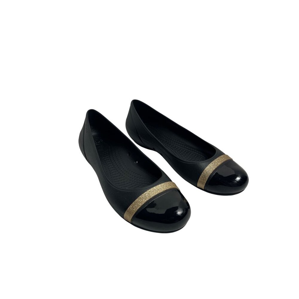 Crocs Womens Black Ballet Flats Gold Stripe Slip-On Shoes Size 9 Cap Toe Comfort